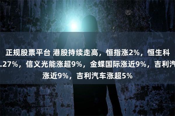 正规股票平台 港股持续走高，恒指涨2%，恒生科技指数涨2.27%，信义光能涨超9%，金蝶国际涨近9%，吉利汽车涨超5%