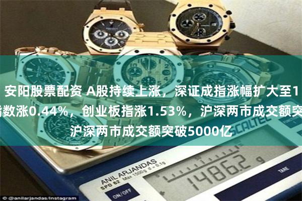 安阳股票配资 A股持续上涨，深证成指涨幅扩大至1%，上证指数涨0.44%，创业板指涨1.53%，沪深两市成交额突破5000亿