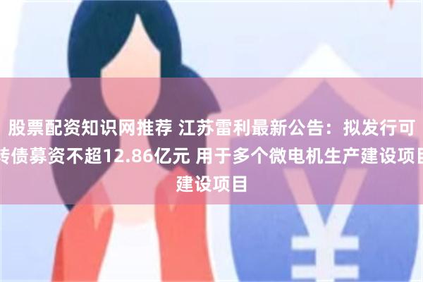 股票配资知识网推荐 江苏雷利最新公告：拟发行可转债募资不超12.86亿元 用于多个微电机生产建设项目